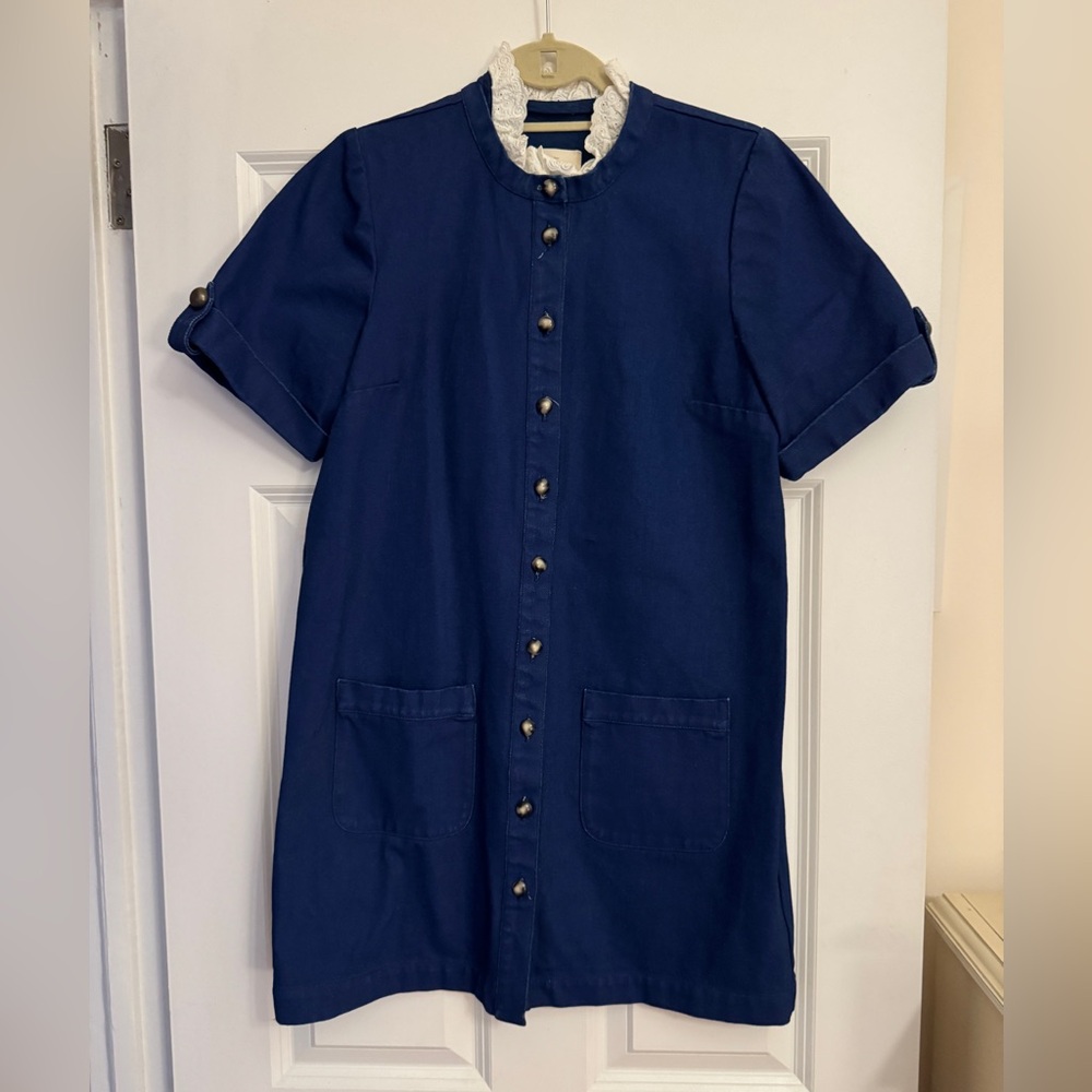 Sezane Navy Blue Dress with Cream Accents